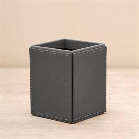 Pure Home and Living Grey Faux Leather Pen Stand, Desk Organizer ...