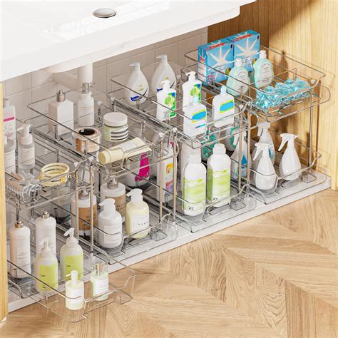 4 Pack 2 Tier Bathroom Under Sink Organizers and Storage, Clear Kitchen ...