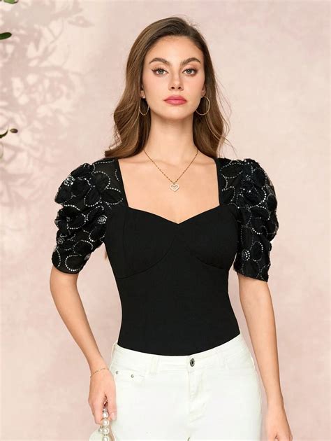 Amorya Women Sequin Floral Print Puff Sleeve Crop Top | SHEIN USA