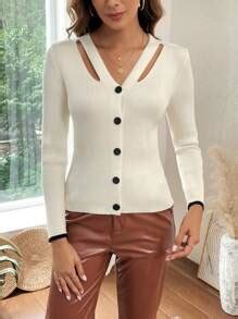 SHEIN LUNE Cut Out Button Front Sweater | SHEIN USA