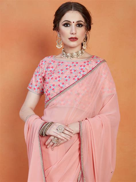 Peach Georgette Saree With Unstitched Blouse