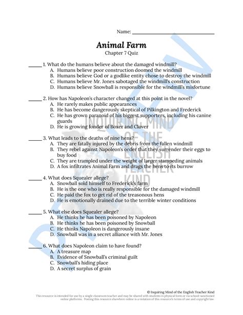 Animal Farm Chapter 7 Quiz and Answer Key - Worksheets Library