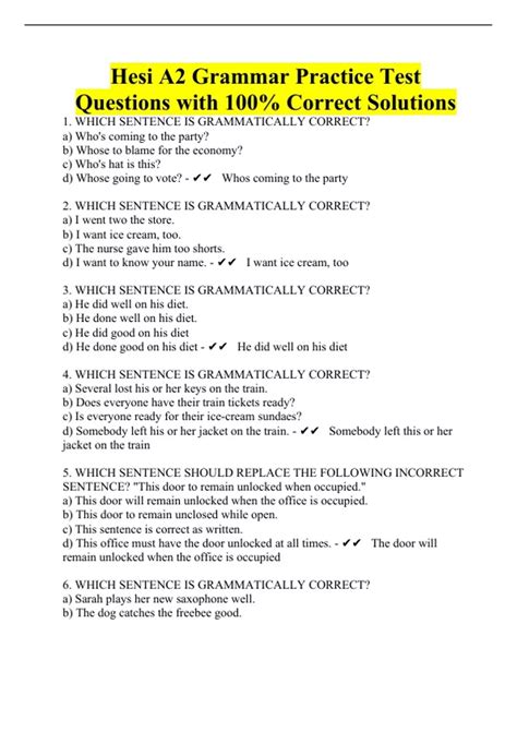 Hesi A2 Grammar Practice Test Questions with 100% Correct Solutions ...