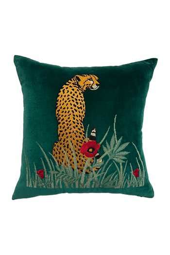 Buy Green 100% Cotton Velvet Embroidery Forest Leopard Cushion Cover by ...