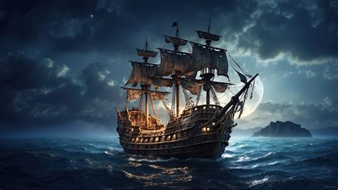 Pirate Ship Night Ocean 4K #2160k Wallpaper iPhone Phone