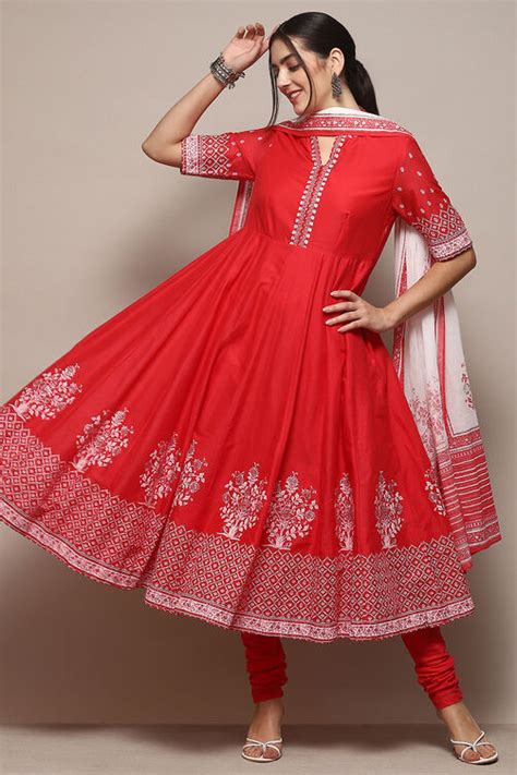 Red Cotton Anarkali Printed Kurta Churidar Suit Set at Biba India