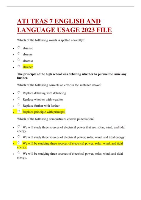 ATI TEAS 7 ENGLISH AND LANGUAGE USAGE 2023 FILE - ATI TEAS 7 ENGLISH ...