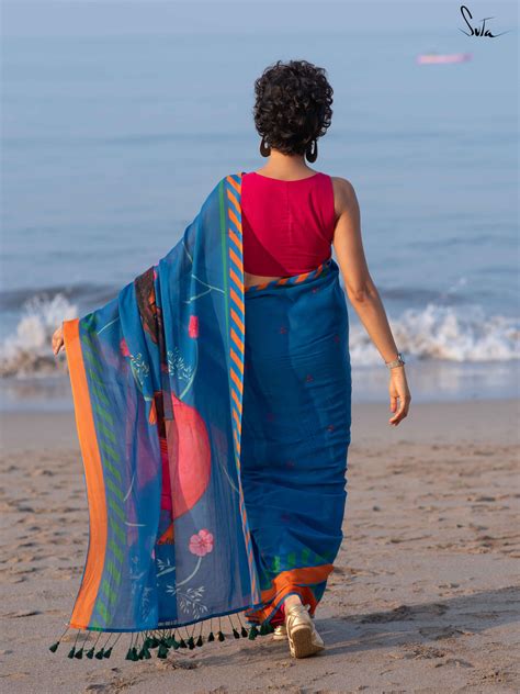 Mulmul Cotton Printed Sea Blue Saree|Kaveri|Suta