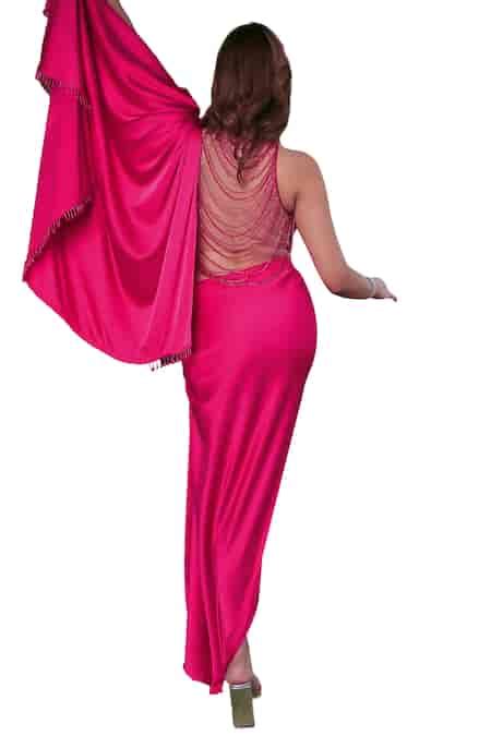 Buy Pink Tulle, Silk Cut Work, Beads High Front Slit Pre-draped Saree ...