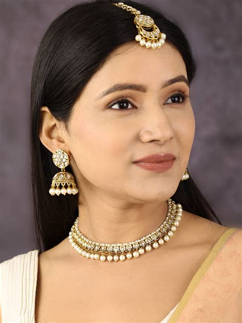 White Beads Kundan Pearls Gold Plated Traditional MaangTika Jewellery ...