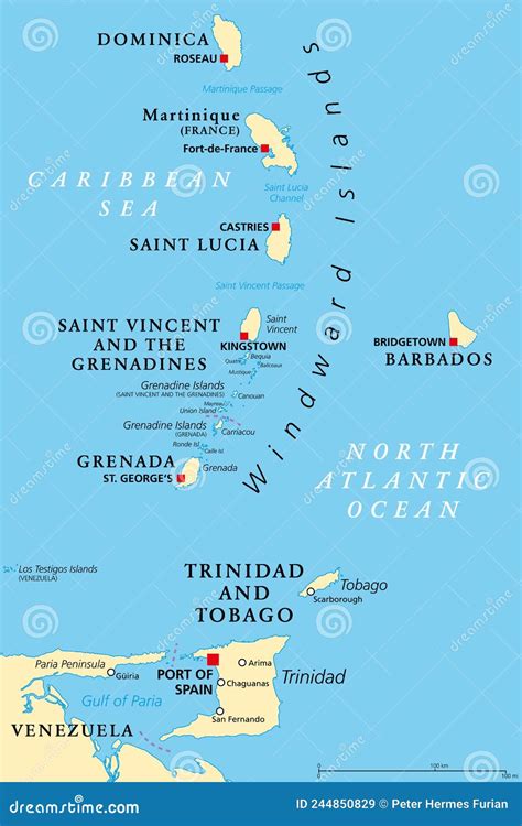 Windward Islands, Political Map, Islands of Lesser Antilles in the ...