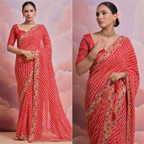 Red Leheriya Printed With Embroidered Border Georgette Saree