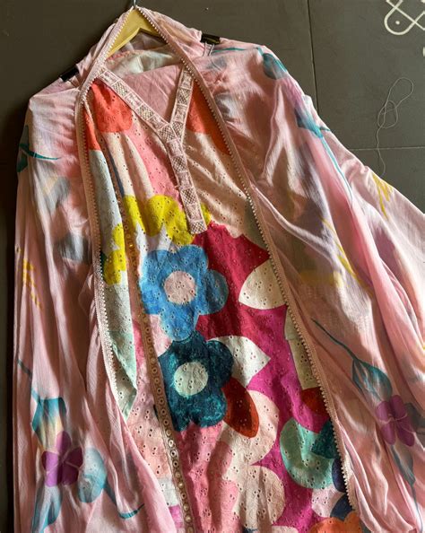 Cotton chicken coloured digital printed shirt with very beautiful lace ...