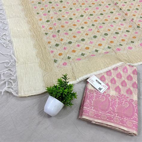 White Kaccha Patta Crush Cotton Silk Banarasi Suit – Mohsin Textiles