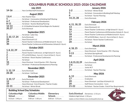 Columbus Public Schools NE Calendar 25-26 Revised [pdf] - EduCounty