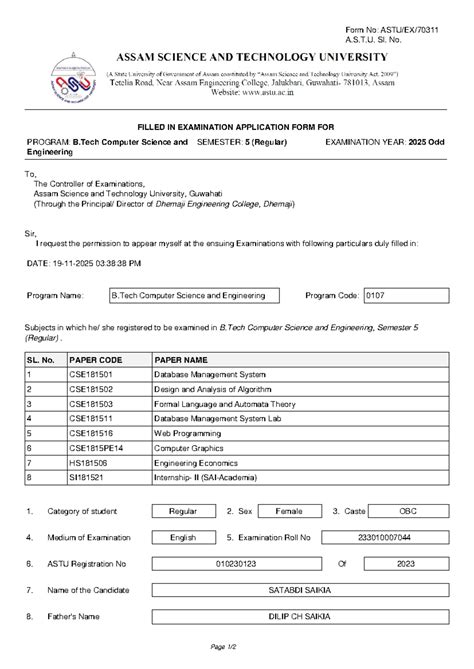 B.Tech CSE 5th Sem Exam Application Form - 2025 - Studocu