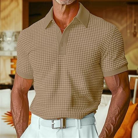 Men's Waffle Polo Shirts Textured Street Casual Lapel Long Sleeve Basic ...