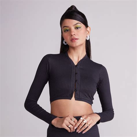 Buy MIXT by Nykaa Fashion Black Ribbed Full Sleeves Fitted Cropped ...