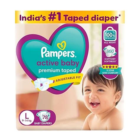 Pampers Active baby Tape Style Baby Diapers, Large (L), 78 Count, 9 ...