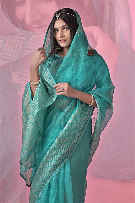 Buy Cyan Blue Brasso Saree 48881 Online | Karagiri