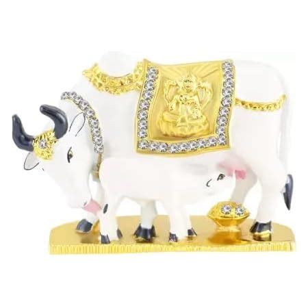Buy Kamdhenu Cow and Calf Idol (Model-94) White Gold Metal Statue for ...