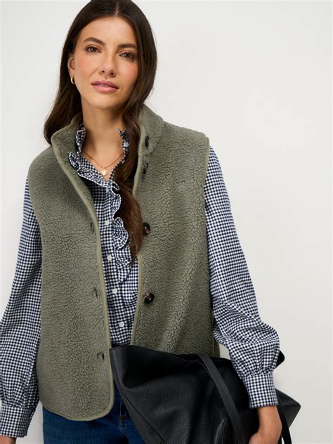 Crew Clothing Funnel Neck Buttoned Borg Gilet, Khaki,