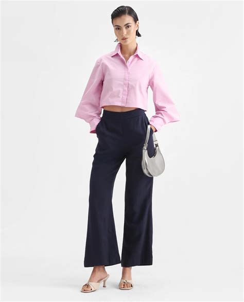 Rareism Women's Grieropo Pink Cotton Spread Collar Plain Fashion Sleev