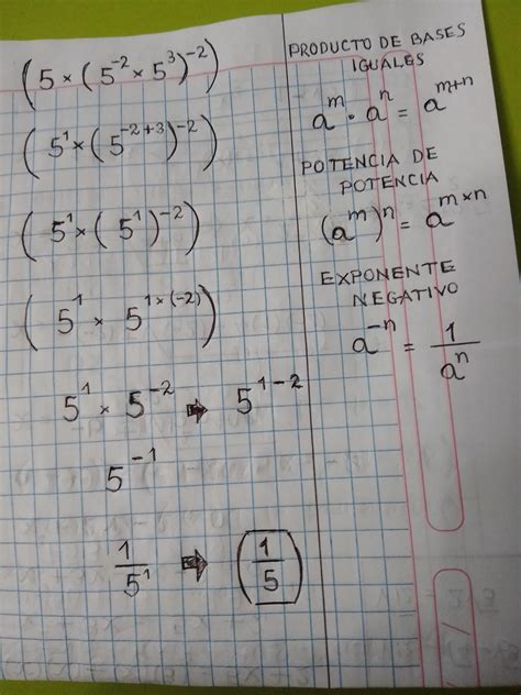 (5 x (5^-2 x 5^3) ^-2) - Brainly.lat