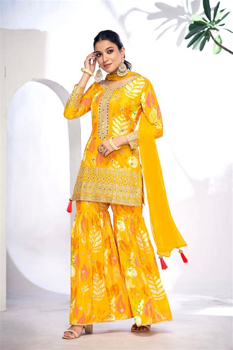 Yellow Festive Sharara Suit with Embroidery & Digital Print – Anant Exports