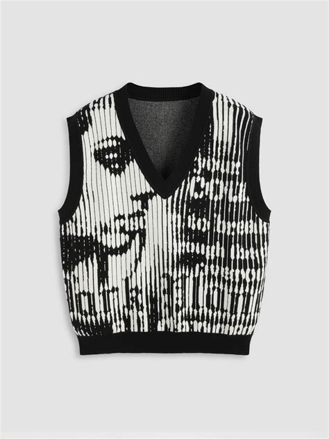 V-neck Graphic Knitted Vest Curve & Plus For School Daily Casual Coffee ...