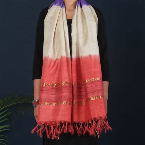 Pure Handloom Spun Silk Tye-Dye Stole with Ghicha Border