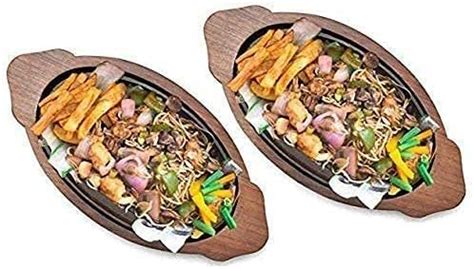 Bridge2shopping Wooden Base, Cast Iron , Oval Shape Sizzler Plate ...