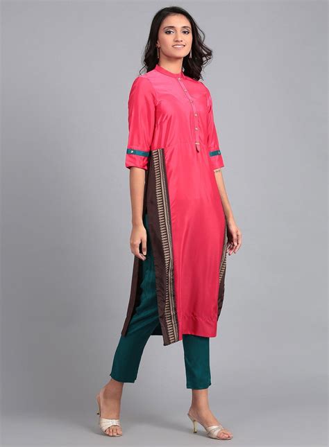 Buy Pink Mandarin Neck French Crepe kurta Online for Woman | WforWoman