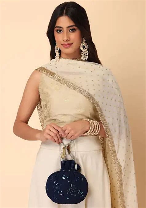 Indya Navy Blue Sequin And Mirror Embroidered Potli– Vvalyou