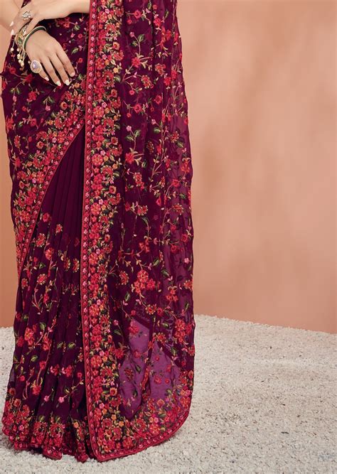 Kashmiri Hand Embroidered Maroon Georgette Saree – Sunasa
