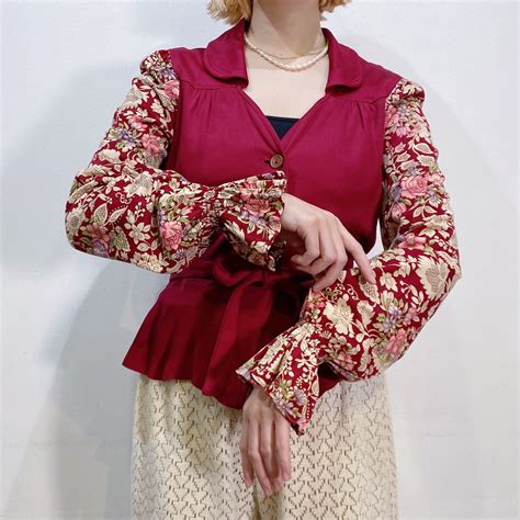 70s Bordeaux flower printed long shirt | LEMON