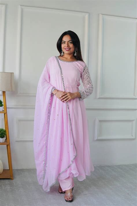 Party Wear Gown with Pant in Pink Heavy Faux Georgette with Detailed E ...