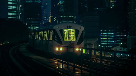 Wallpaper train, city, night, buildings, dark hd, picture, image