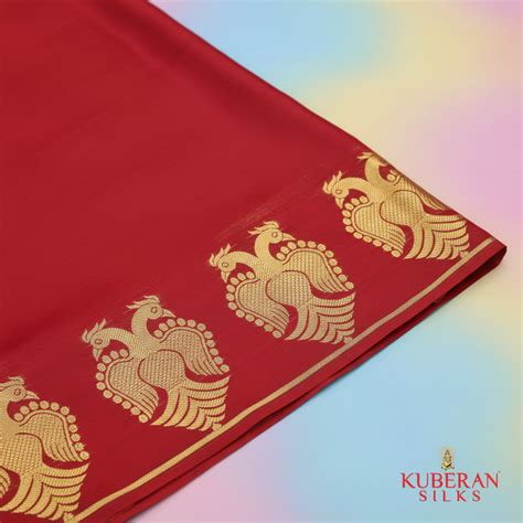 Bright Red Mysore Silk Saree with Gold Peacock Motifs - Kuberan Silks