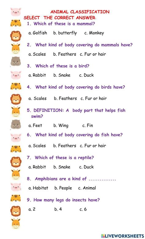 Animal Classification Worksheet 的图像结果
