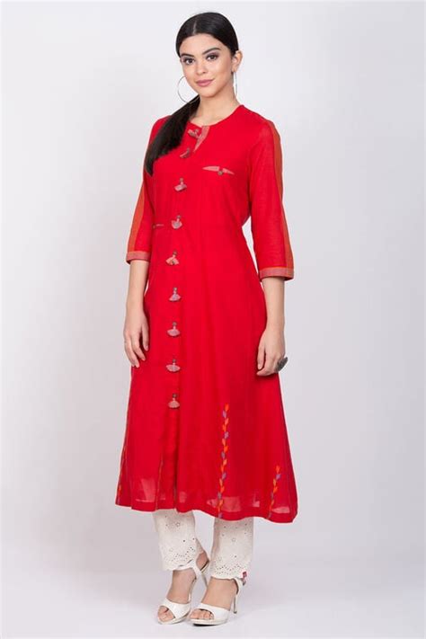 Red Cotton A-Line Yarndyed Kurta at Biba India