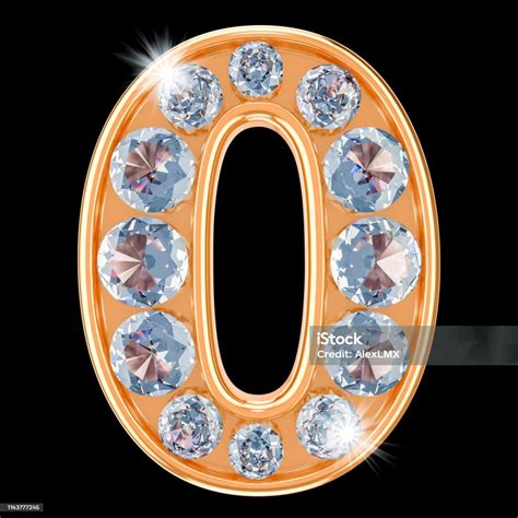 Golden Number 0 With Diamonds 3d Rendering Isolated On Black Background ...