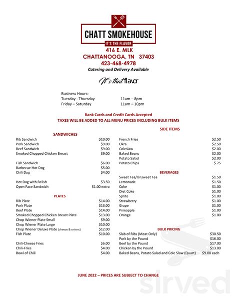 Chatt Smoke House menu in Chattanooga, Tennessee, USA