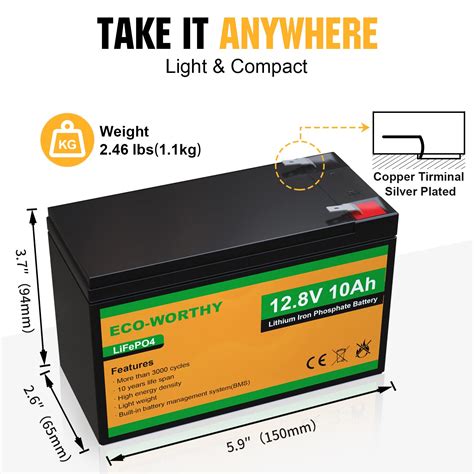 Buy ECO-WORTHY 12V 10Ah Lithium LiFePO4 Deep Cycle Battery with 3000 ...