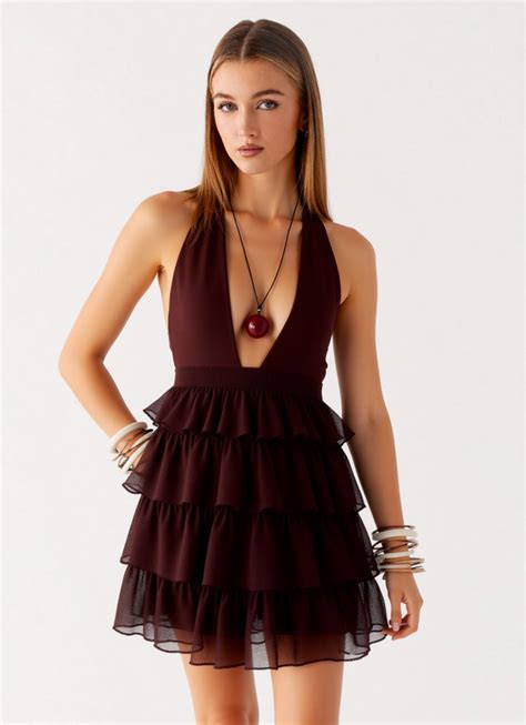 Zafira Ruffled mini Dress in Dark brown – OUTCAST