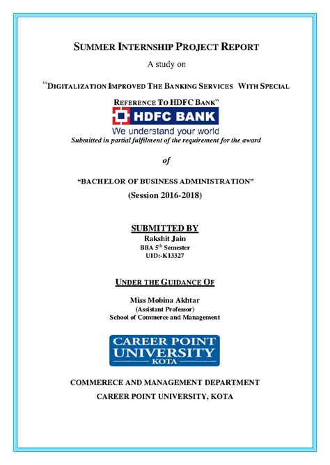 BBA 5th Sem: Summer Internship Report on Digitalization in HDFC Bank ...