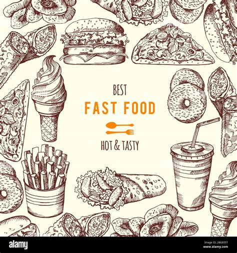Hand drawn fast food background illustration. Vector pictures Stock ...