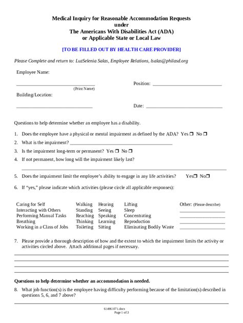 Medical Inquiry for Reasonable Accommodation Requests - Blank Fillable ...