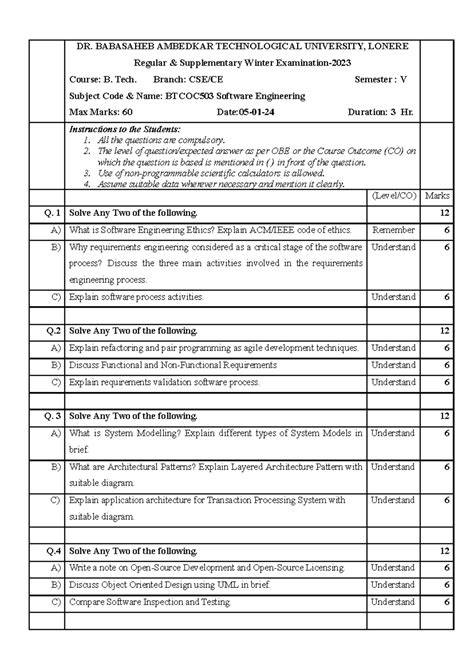 B. Tech. V Sem. BTCOC503 Software Engineering Supplementary Exam Guide ...
