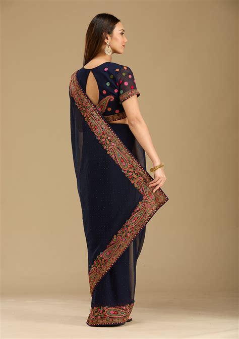 Buy Navy Blue Kashmiri Georgette Saree - Koskii